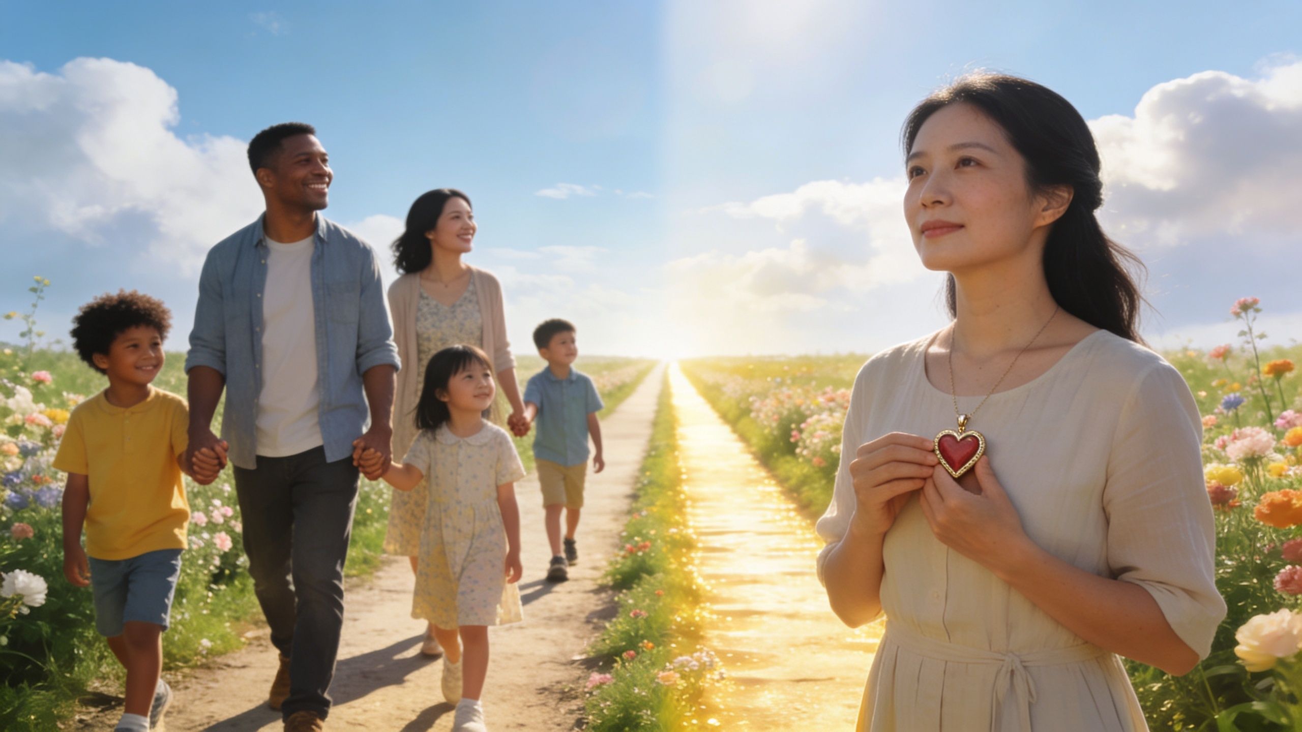 A happy family walking down a sunlit path while a woman in the foreground holds a heart locket.