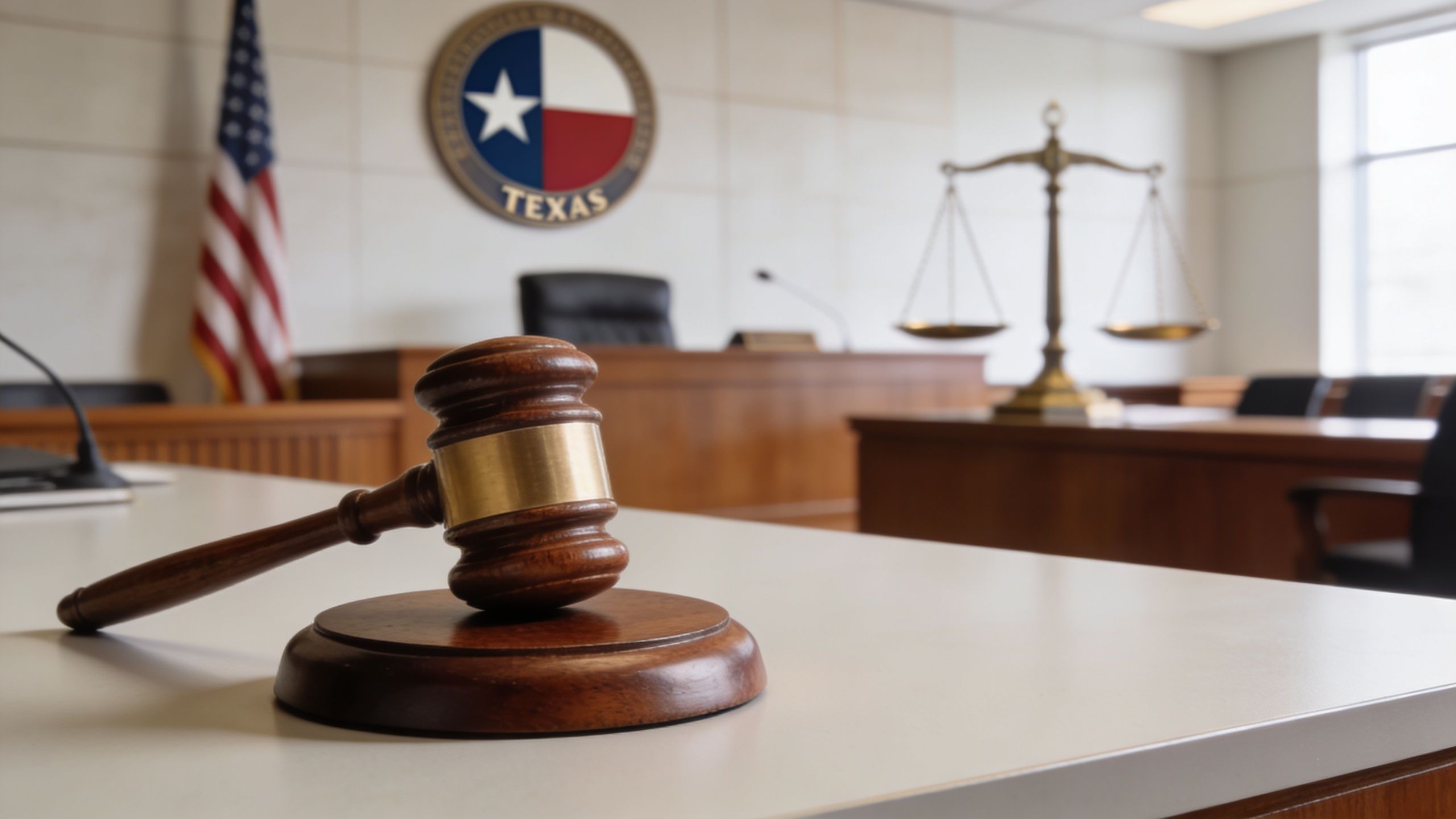 A wooden judges gavel resting on a table in a professional Texas courtroom setting.