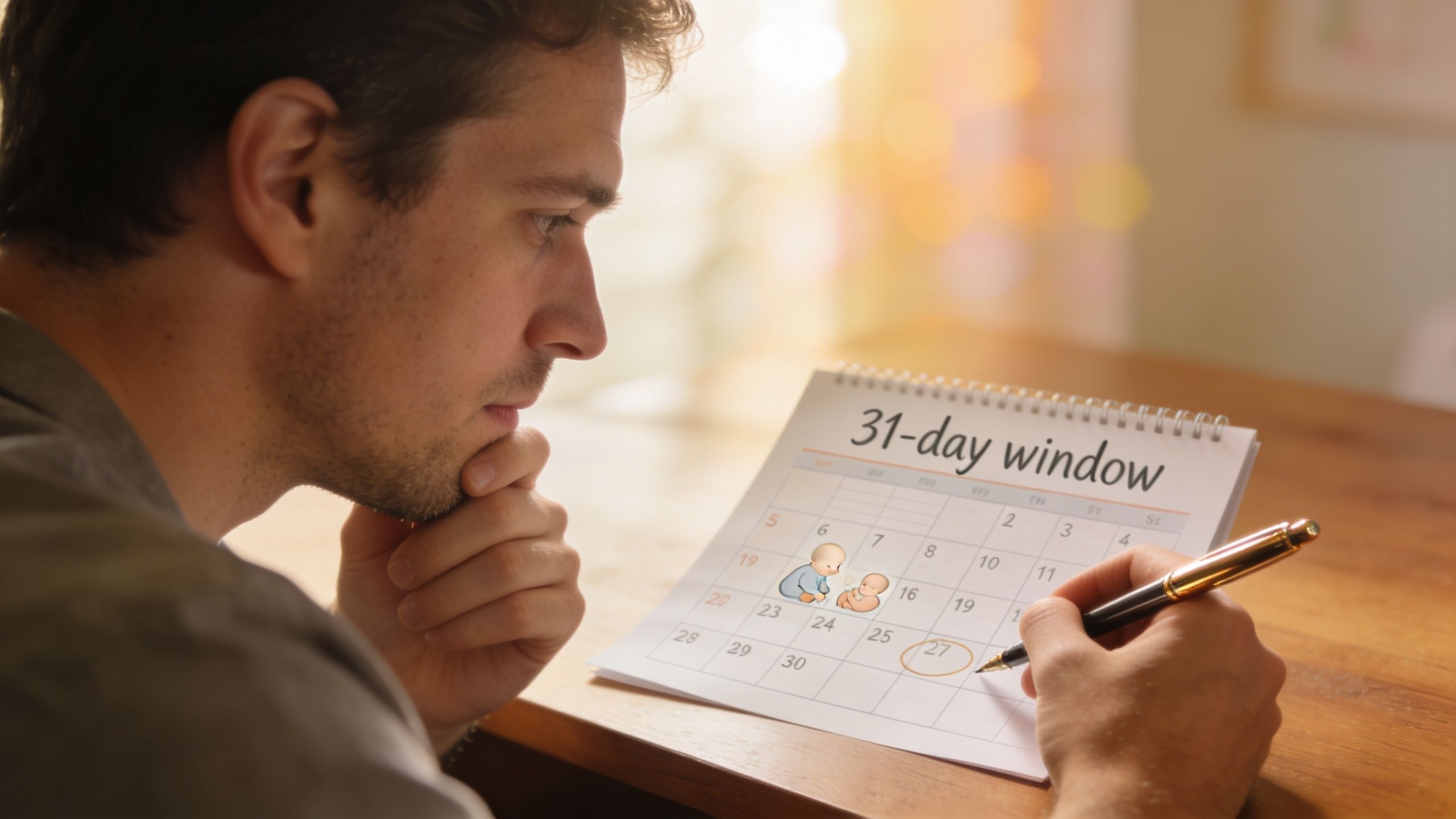 A man thoughtfully looking at a calendar marked with a thirty-one day window to track adoption timelines.