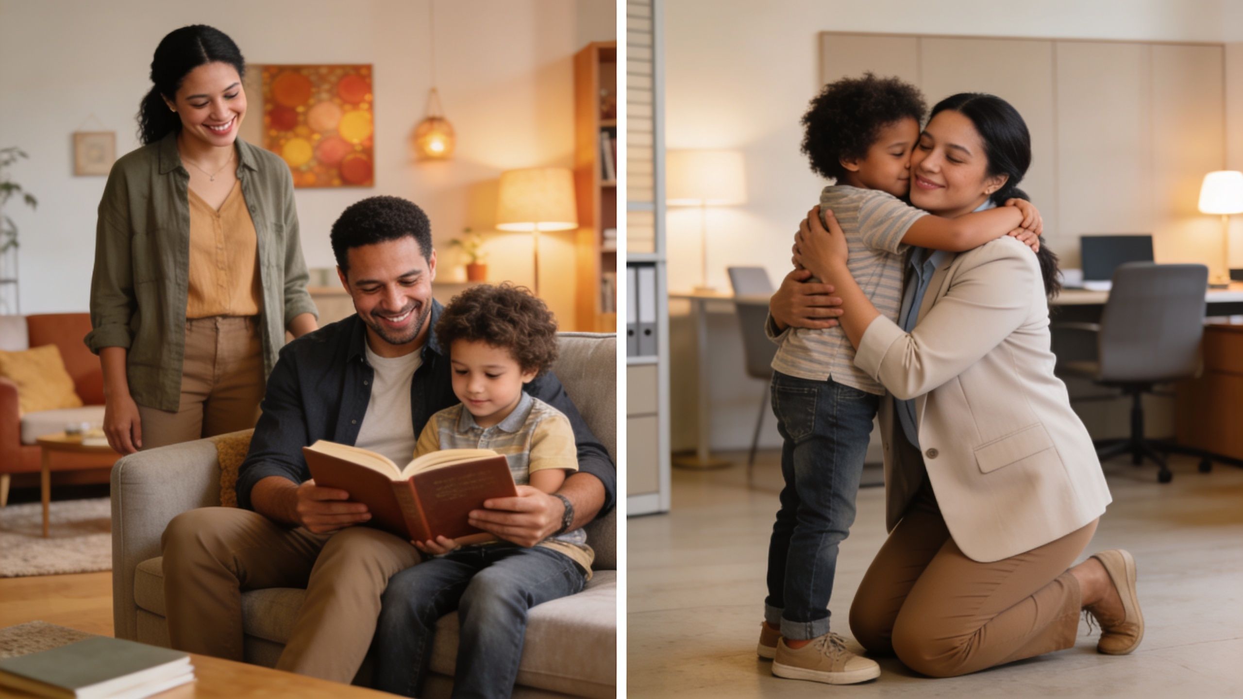 A split image showing a loving family reading together and a mother hugging her young son indoors.