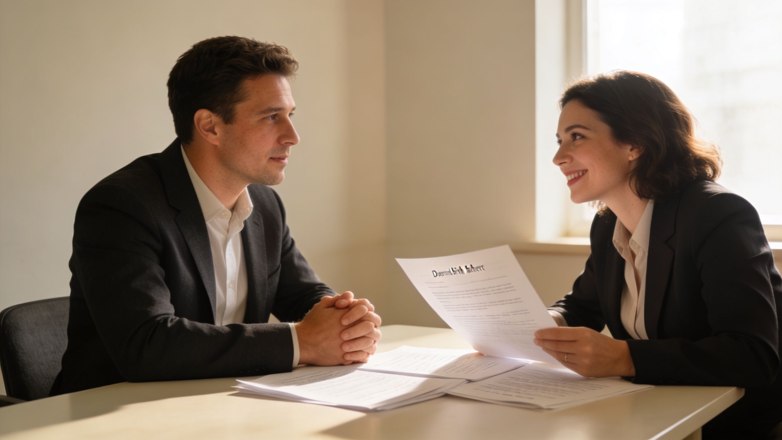 A professional man and woman discussing legal documents in an office setting regarding adoption rights.
