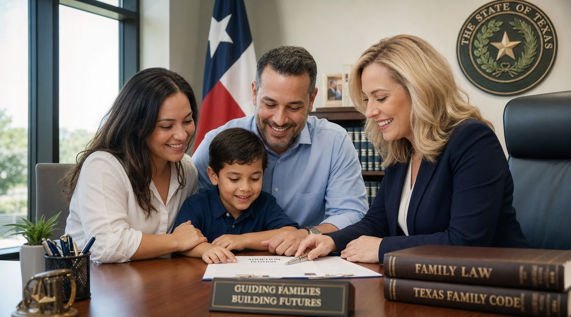 A happy family sitting at a desk with an adoption lawyer in a law office in Texas.