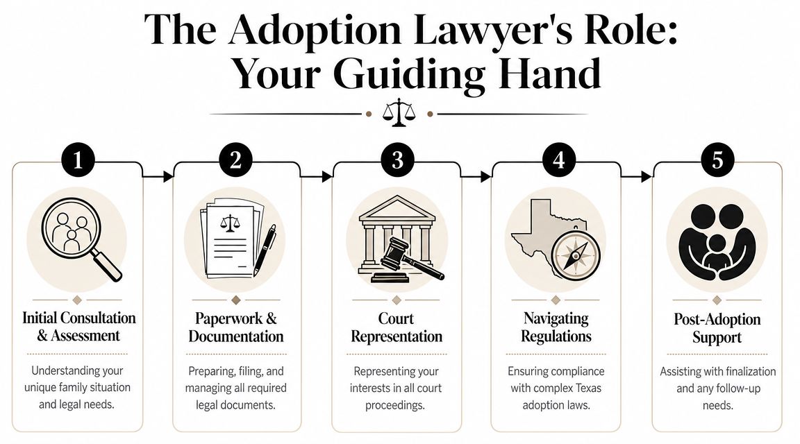 A five-step infographic explaining the role of a Texas adoption lawyer during the adoption process.