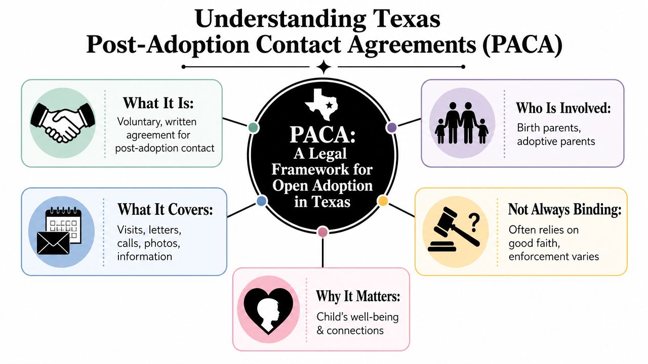 An infographic explaining Post-Adoption Contact Agreements (PACA) for open adoption in Texas.