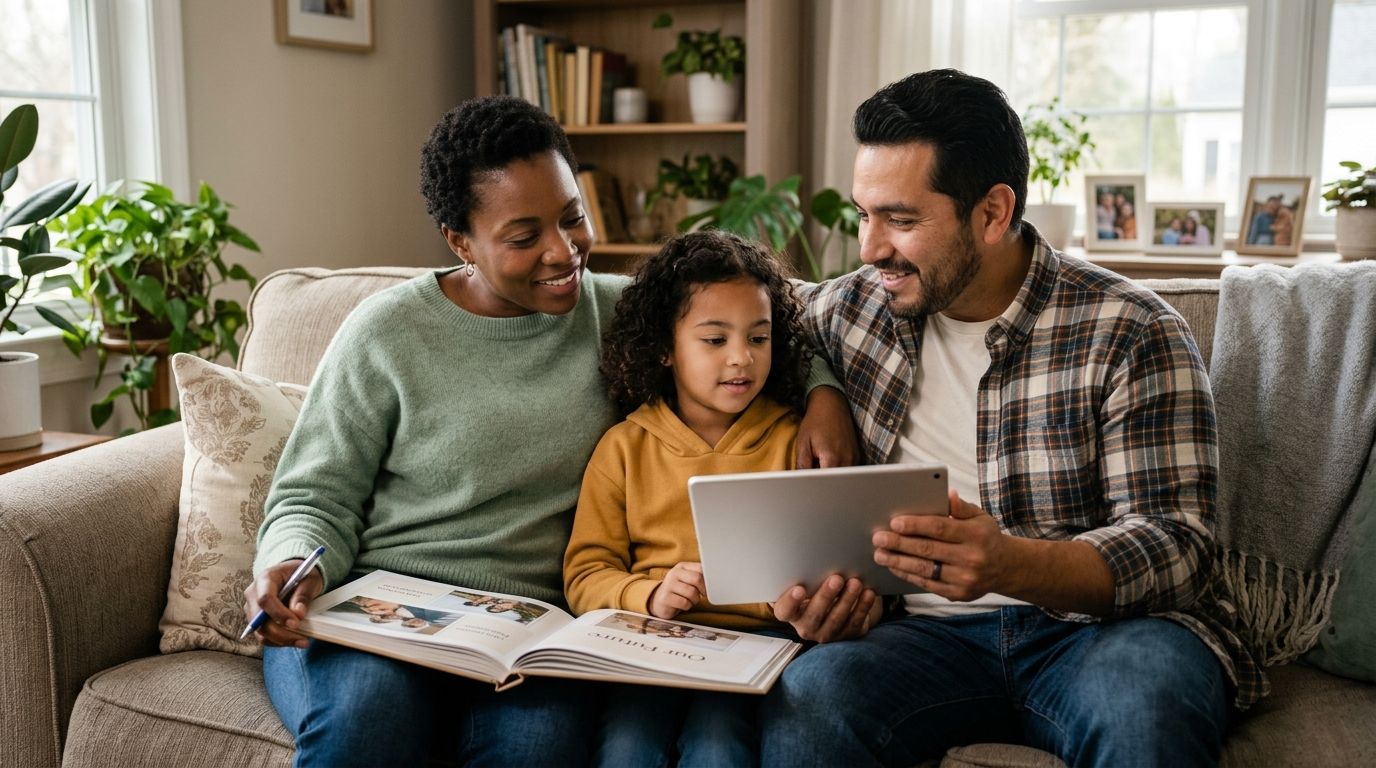 A happy multi-ethnic family sitting on a sofa looking at a photo album and digital tablet.