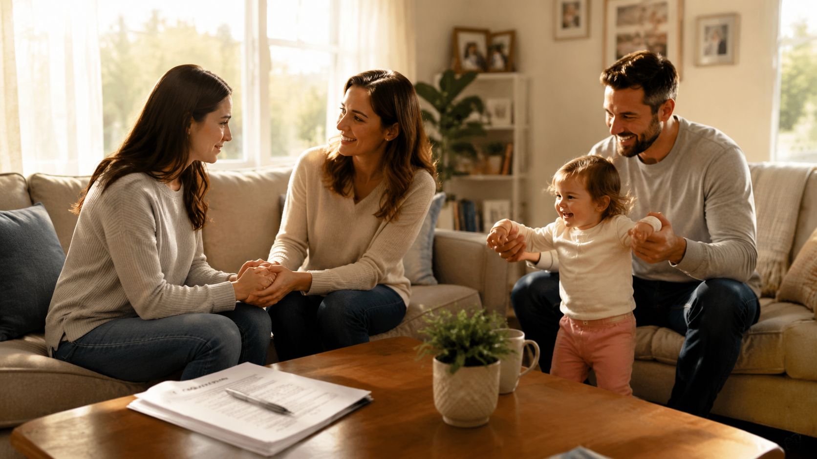 A happy family, including two women and a father, playing with a toddler in a sunny living room.