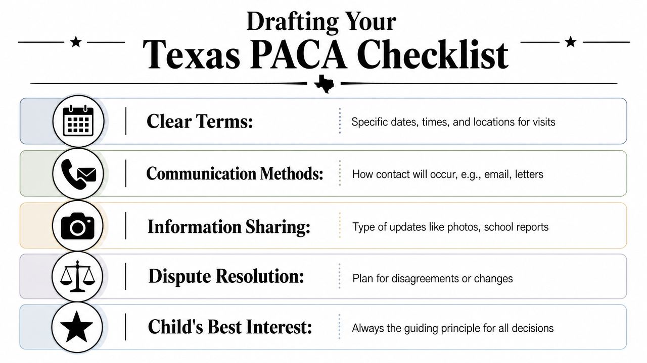 A checklist for drafting a Texas Post-Adoption Contact Agreement, featuring icons for terms, communication, and updates.