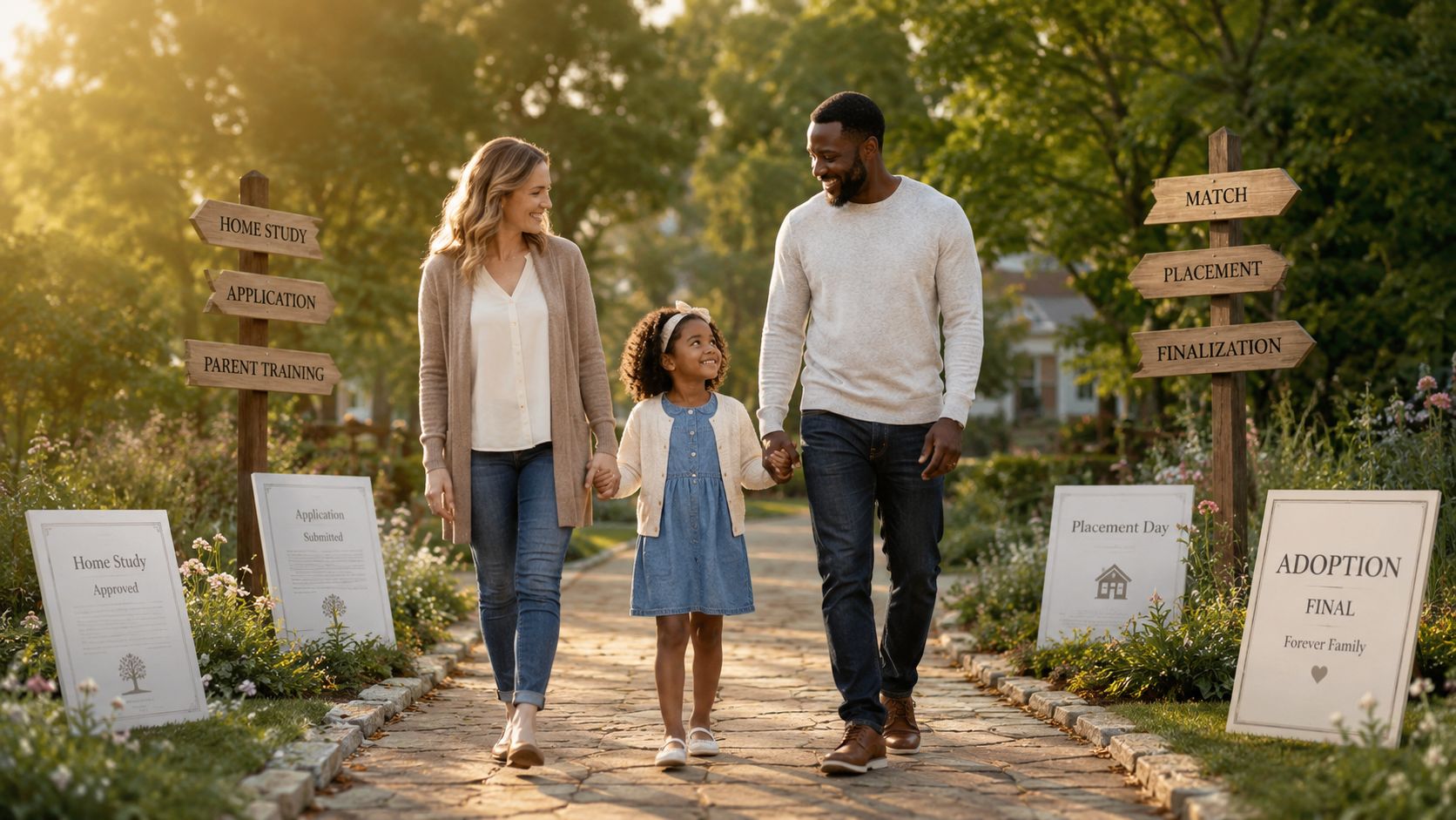 A happy interracial family walking hand in hand through a park, illustrating the adoption process journey.