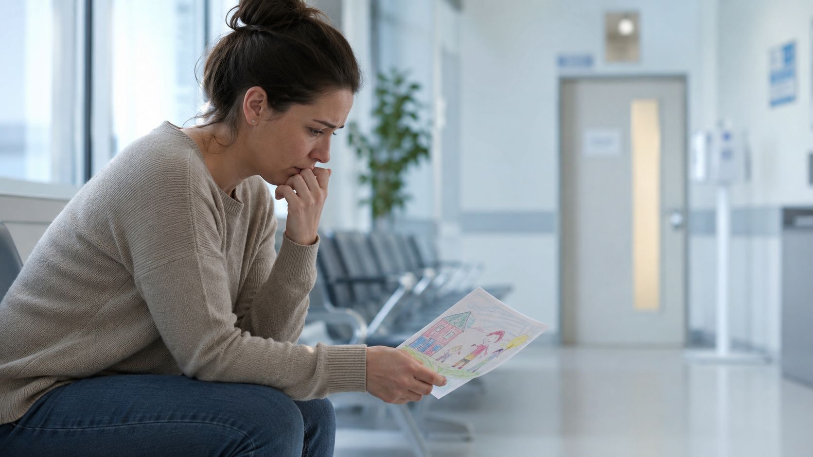 A worried woman sitting in a hospital hallway holding a child's colorful drawing of a family.