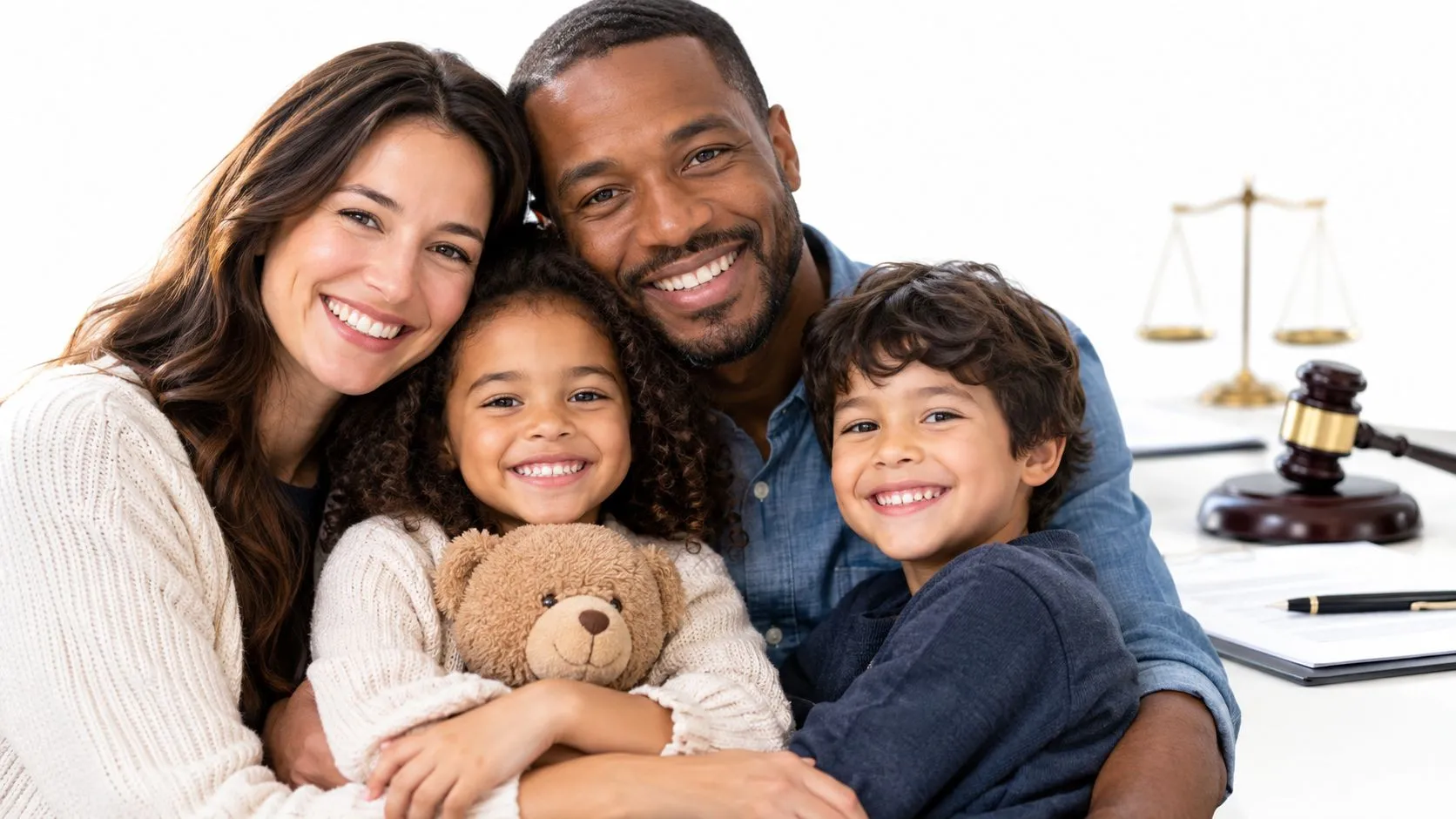 A happy multiracial family of four smiling together in a professional office setting with legal decor.