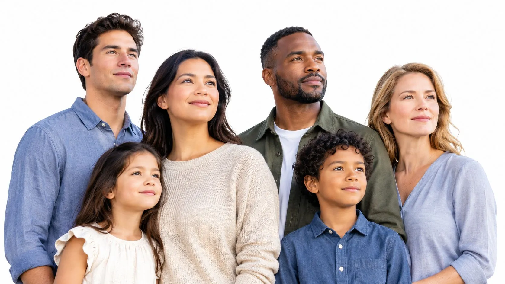 A diverse group of adults and two children looking up with hopeful expressions against a white background.