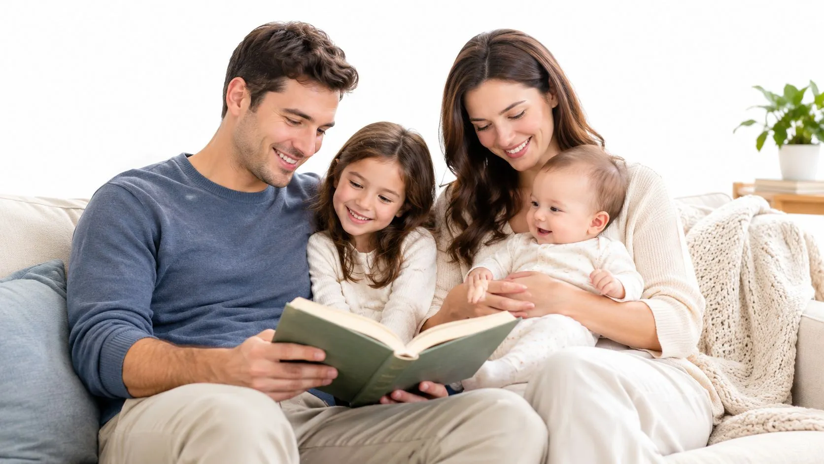 A happy family sitting on a sofa while a father reads a book to his young children