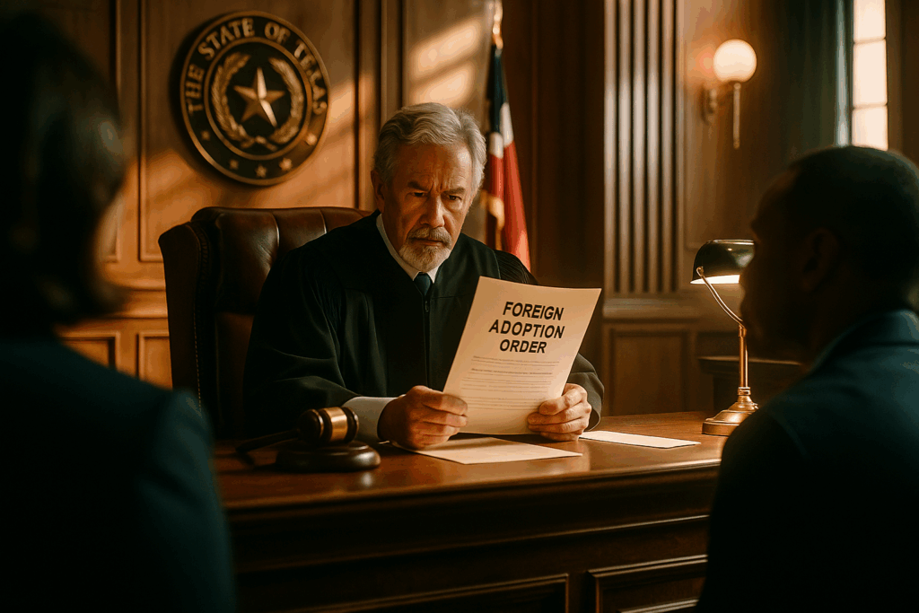 A judge evaluating a foreign adoption order in a Texas courtroom.