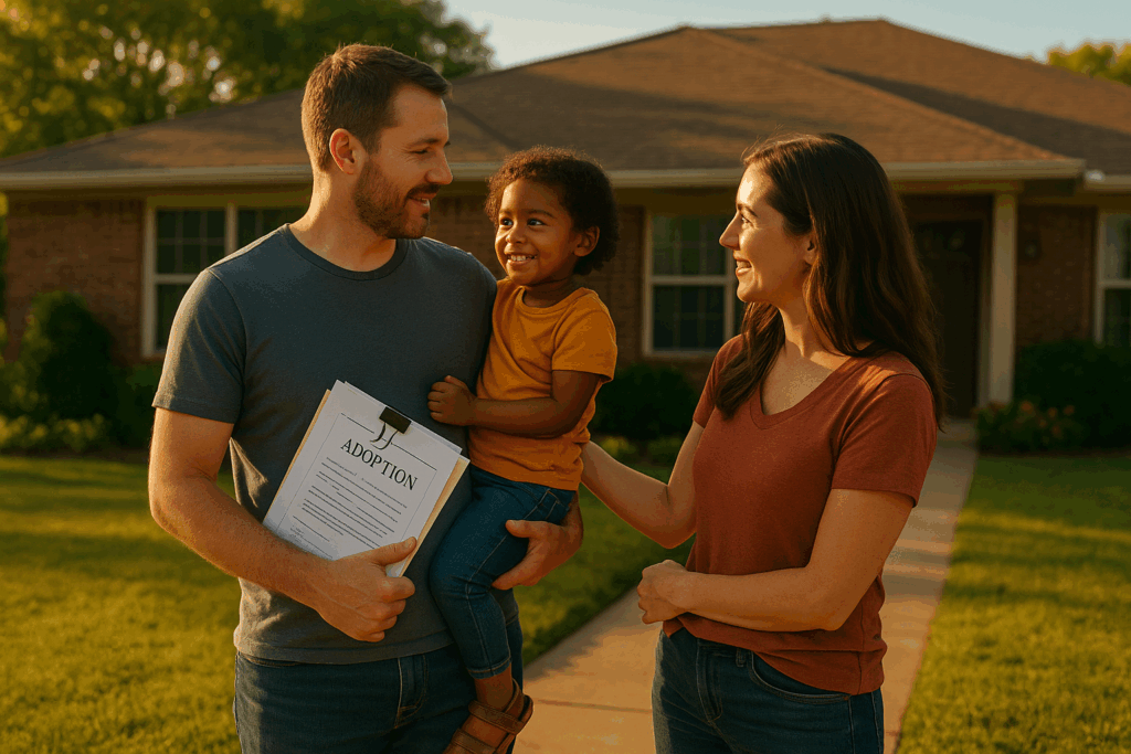 Family celebrating adoption outside their home, holding adoption paperwork, joyful expressions, evening light, symbolizing the journey of international adoption in Texas.