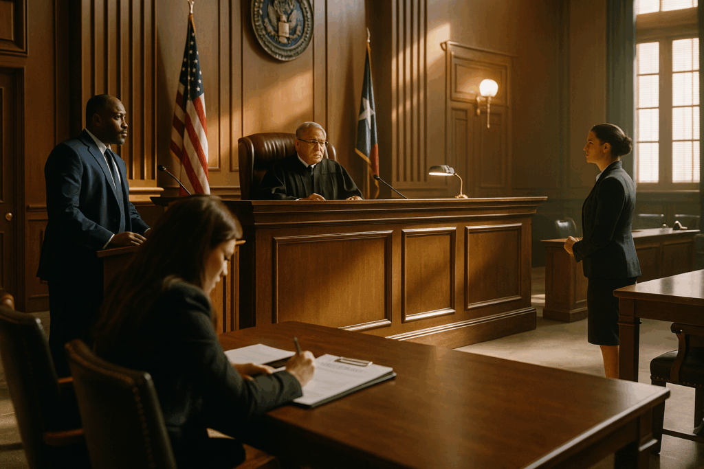 A courtroom scene depicting a judge and attorneys, illustrating the navigation of court procedures in adoption cases.
