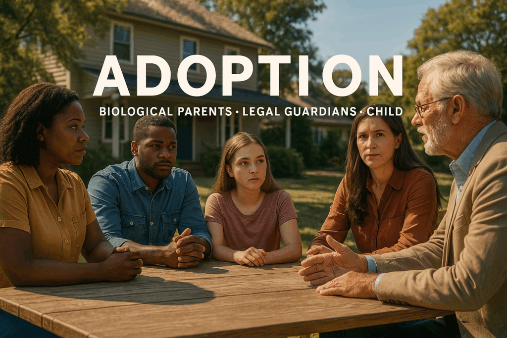 A diverse group of people discussing adoption, highlighting the key parties involved in the consent process.