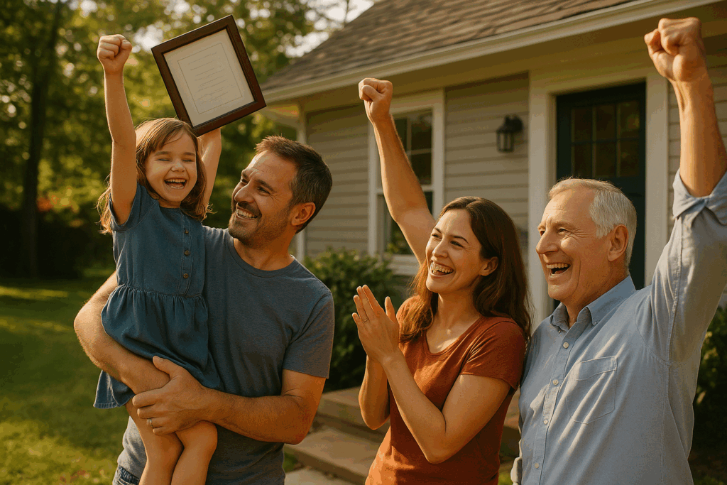 A family celebrating the finalization of an adoption, showcasing joy and togetherness.