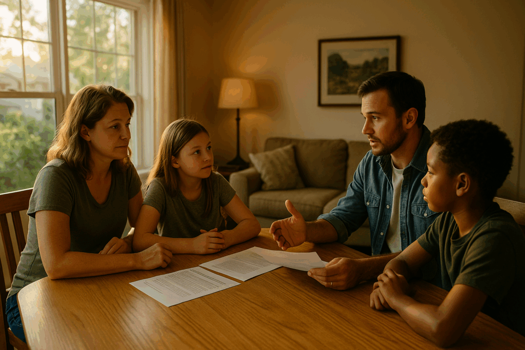 A family discussing Texas post adoption requirements together.