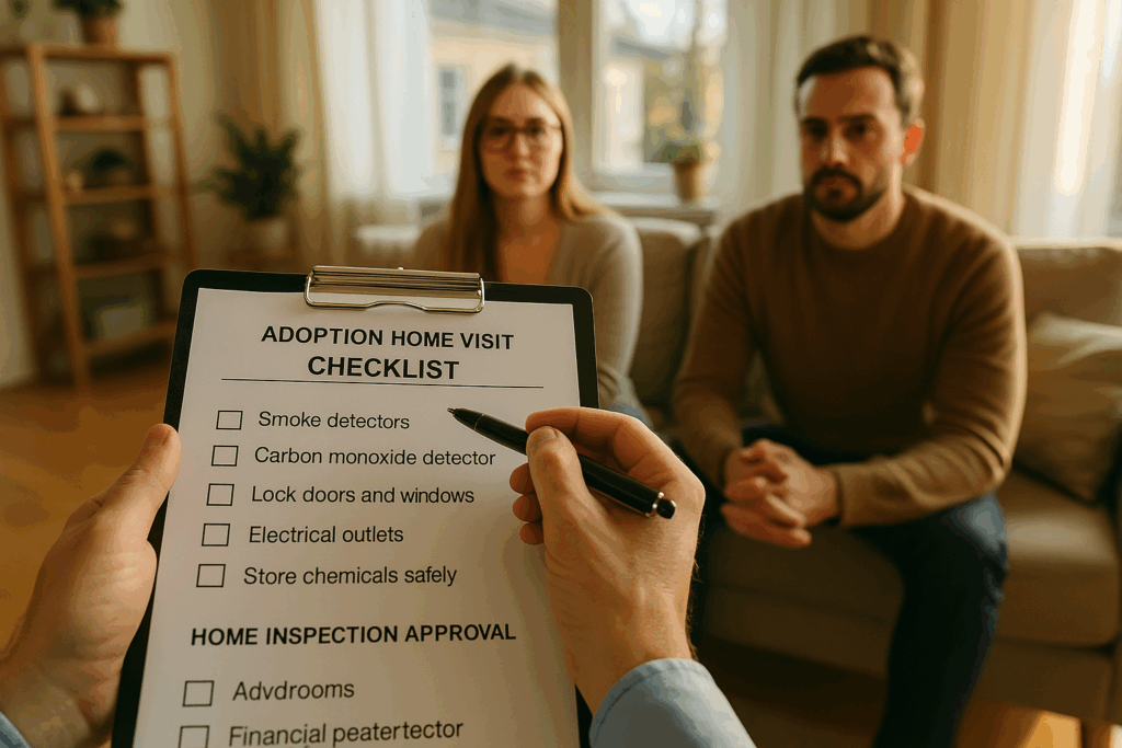 A home inspection checklist being reviewed during an adoption home visit.