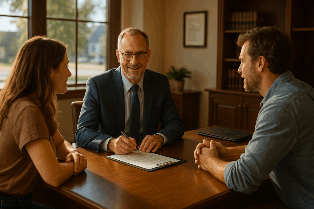 A legal advisor discussing estate planning with adoptive parents.