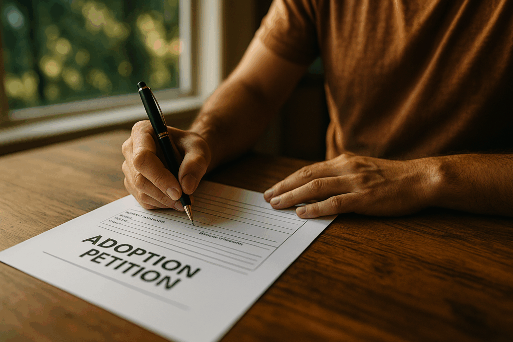 A person filling out an adoption petition form, representing the process of filing an adoption petition.