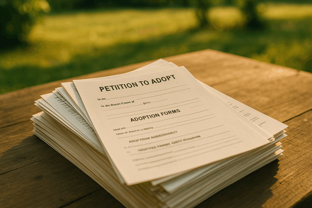 A stack of documents related to the petition to adopt in Texas, including adoption forms.