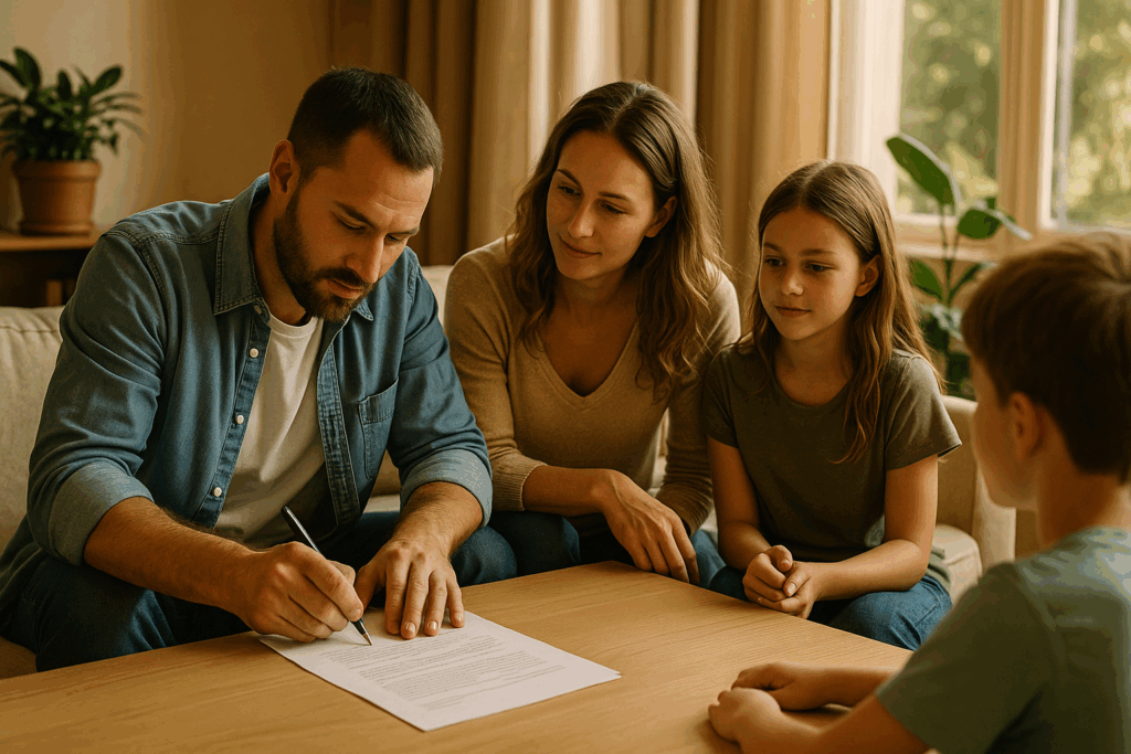 A stepparent signing consent forms in a family setting, illustrating the consent requirements in stepparent adoptions.