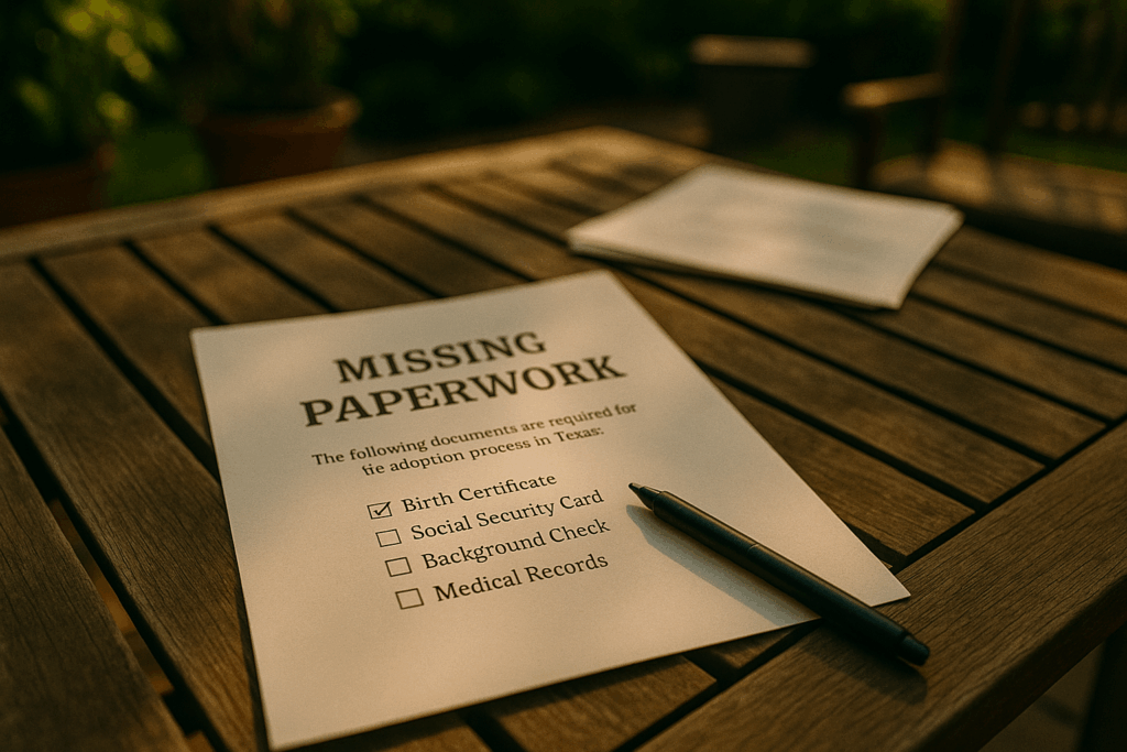 A visual representation of missing paperwork that can delay the adoption process in Texas, featuring an incomplete checklist.