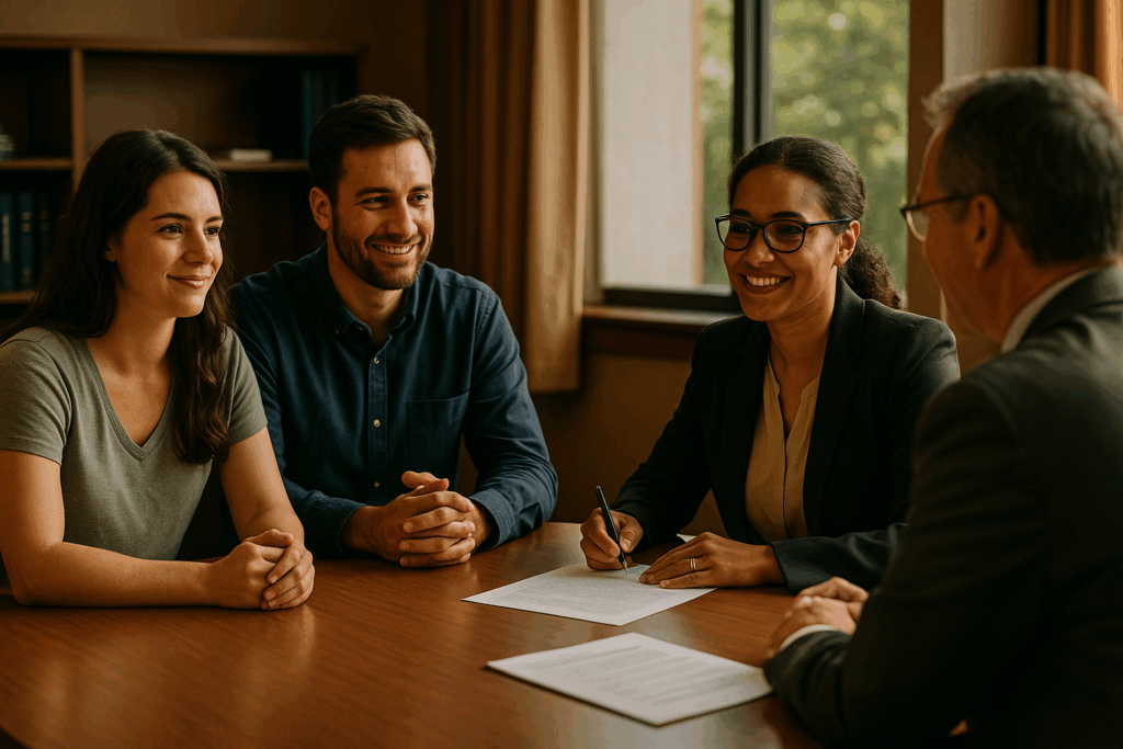 Adoptive parents engaging in a supportive post-adoption agreement meeting.