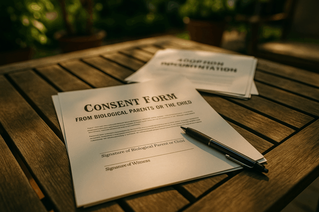 Consent forms from biological parents or the child, highlighting necessary adoption documentation.