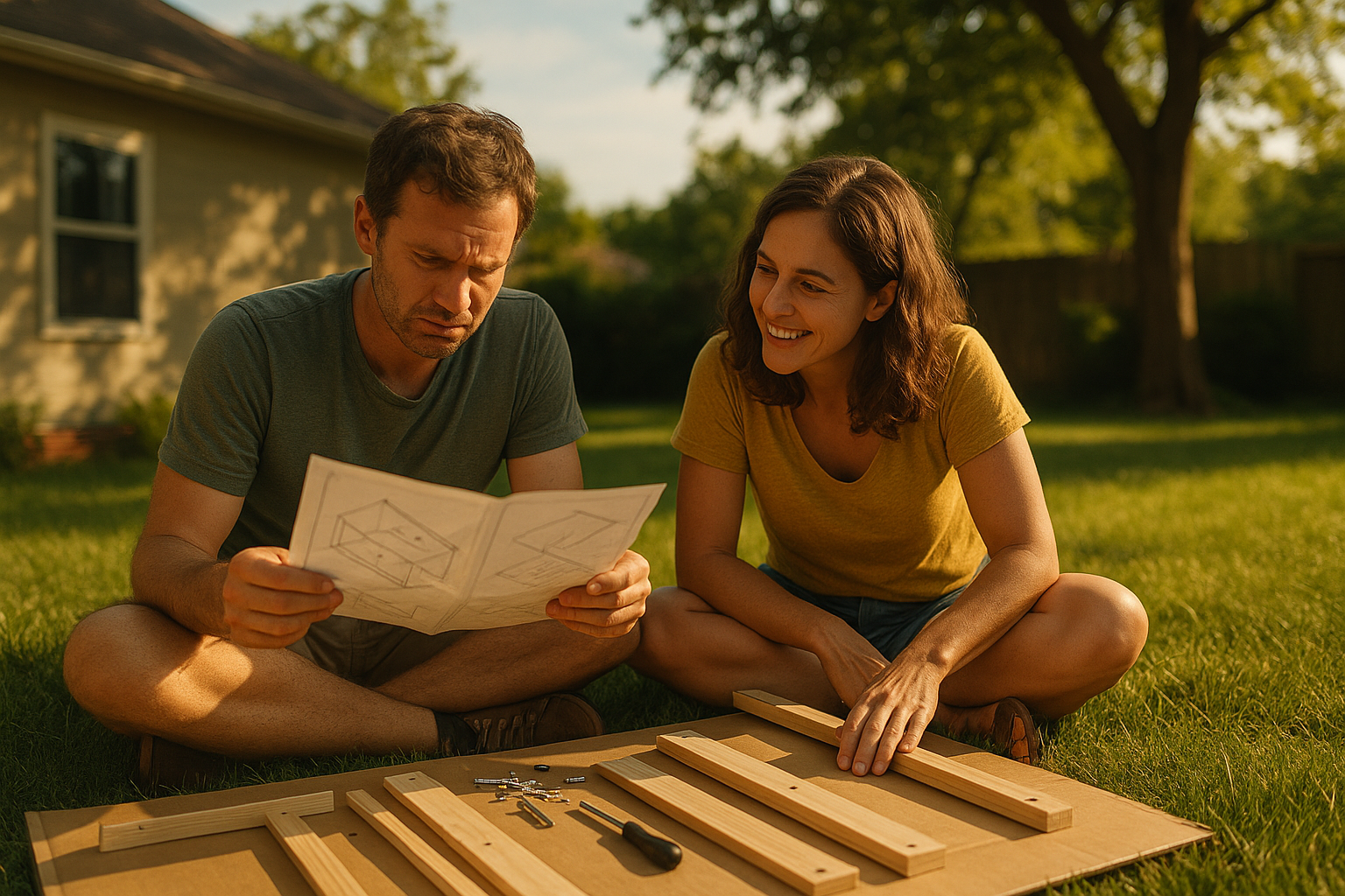 Couple assembling furniture outdoors, examining instructions with wooden pieces and tools, symbolizing the complexity of the Texas adoption process and required documentation.