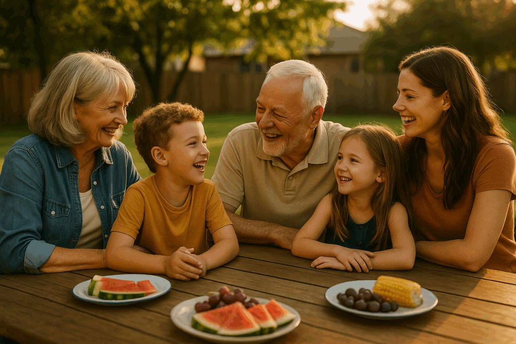 Real-life success stories of grandparent adoption, depicted through a family gathering.