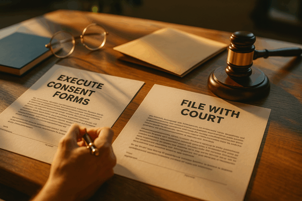 The process of executing and filing consent forms is visually represented.