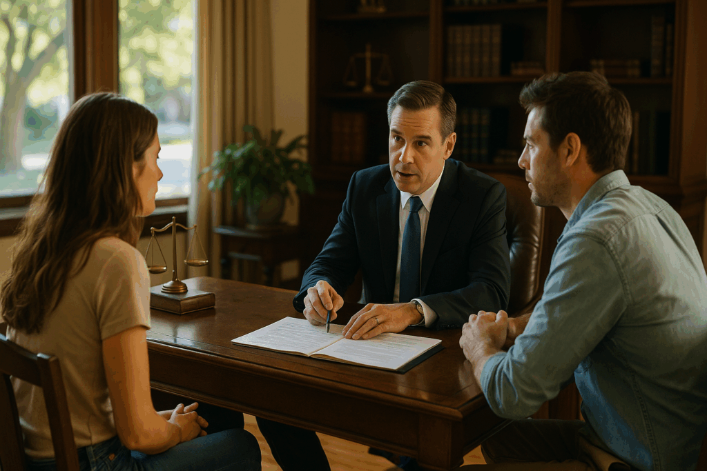 A consultation between an adoption attorney and clients.