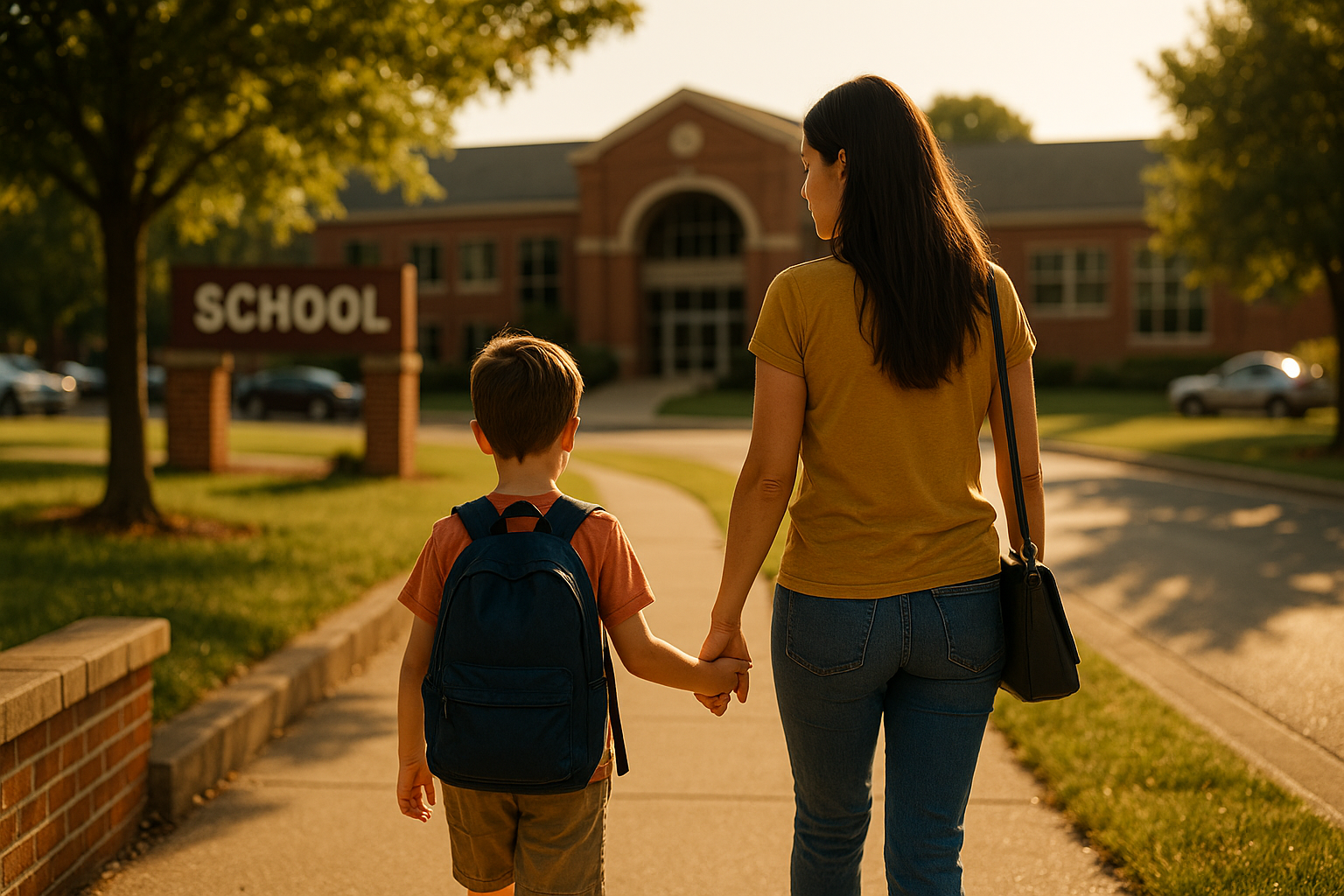 Mother and young son walking hand-in-hand toward a red-brick school on a sunny day, representing family life, school routines, and adoption in Texas.