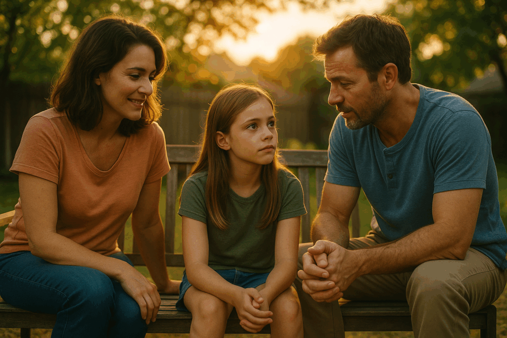 Family discussing adoption with a child, emphasizing emotional readiness and open communication in a supportive environment.