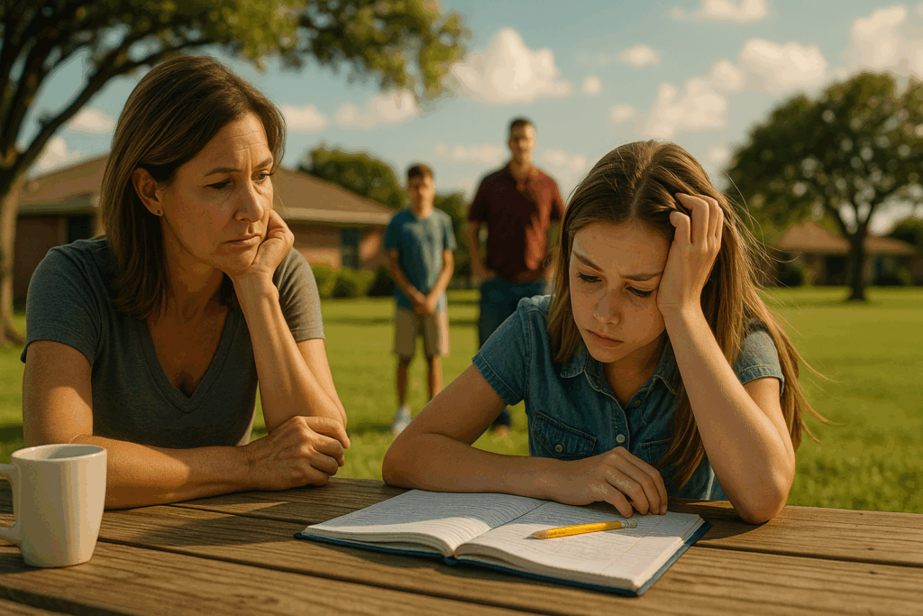 A concerned mother sits next to her daughter at a wooden picnic table in a sunlit suburban yard, with the daughter staring down at a notebook. A family, including two boys and a man, stand in the background, slightly out of focus. The scene captures a moment of reflection and support amid a warm summer setting.