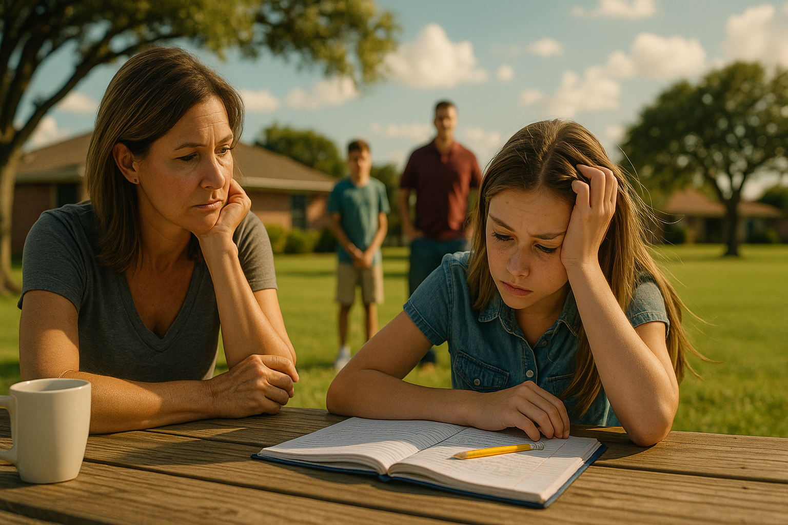A worried mother and her daughter sit at a wooden picnic table in a sunny backyard, discussing adoption and education issues as the family looks on from a distance.