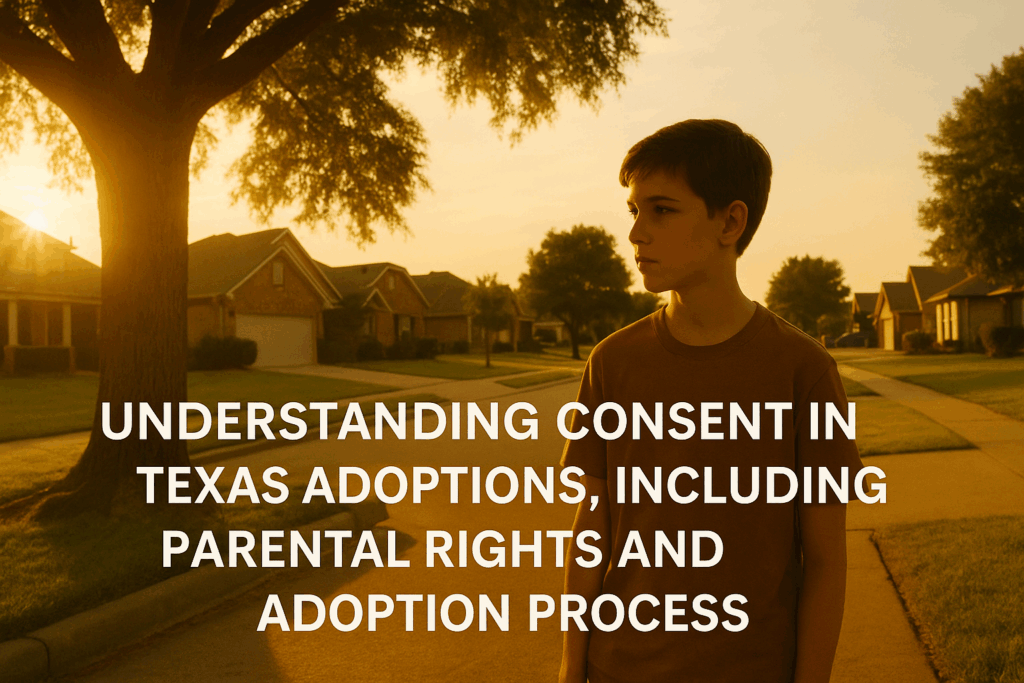 Boy standing in a suburban neighborhood at sunset, with text overlay about understanding consent in Texas adoptions, including parental rights and the adoption process.