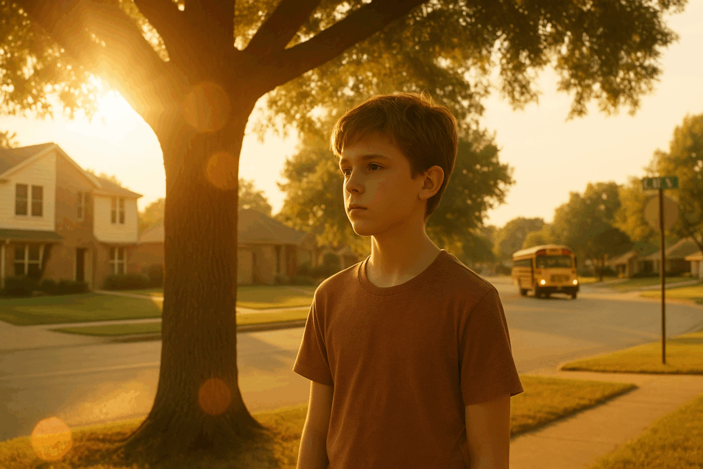 Boy standing thoughtfully on a suburban street during sunset, reflecting on the emotional complexities of consent in Texas adoption.