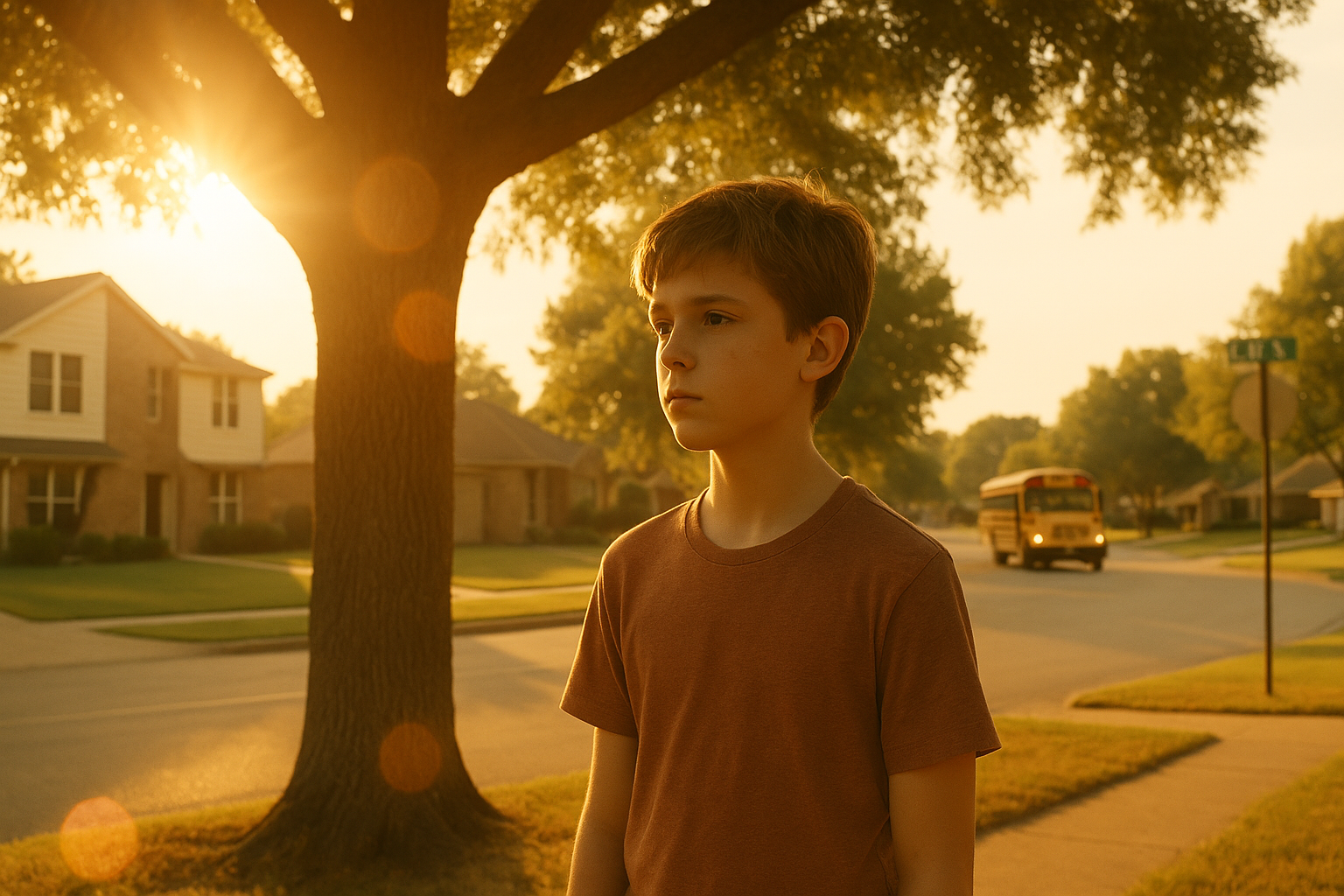 Boy standing in a suburban neighborhood during sunset, with a school bus in the background, reflecting themes of childhood and family in the context of adoption discussions.