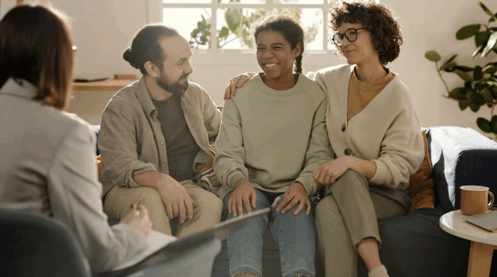 Screenshot 2025-08-10 at 3.03.05 PM Family discussing adoption with a teenager in a cozy living room setting, emphasizing support and connection during the adoption process.