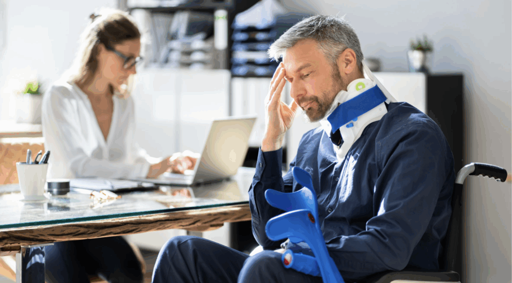 Man in neck brace showing signs of stress while consulting with a woman on a laptop about personal injury legal matters related to the statute of limitations in Texas.
