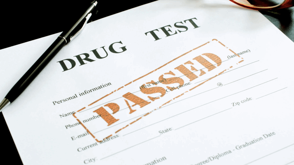 Drug test result form with "PASSED" stamp, pen on top, relevant to adoption process and drug testing requirements in Texas.