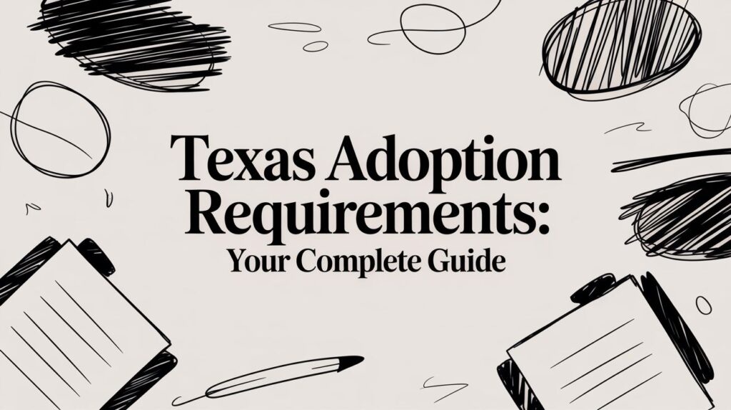 Texas adoption requirements guide with stylized text and doodle elements, emphasizing legal insights for prospective adoptive parents.