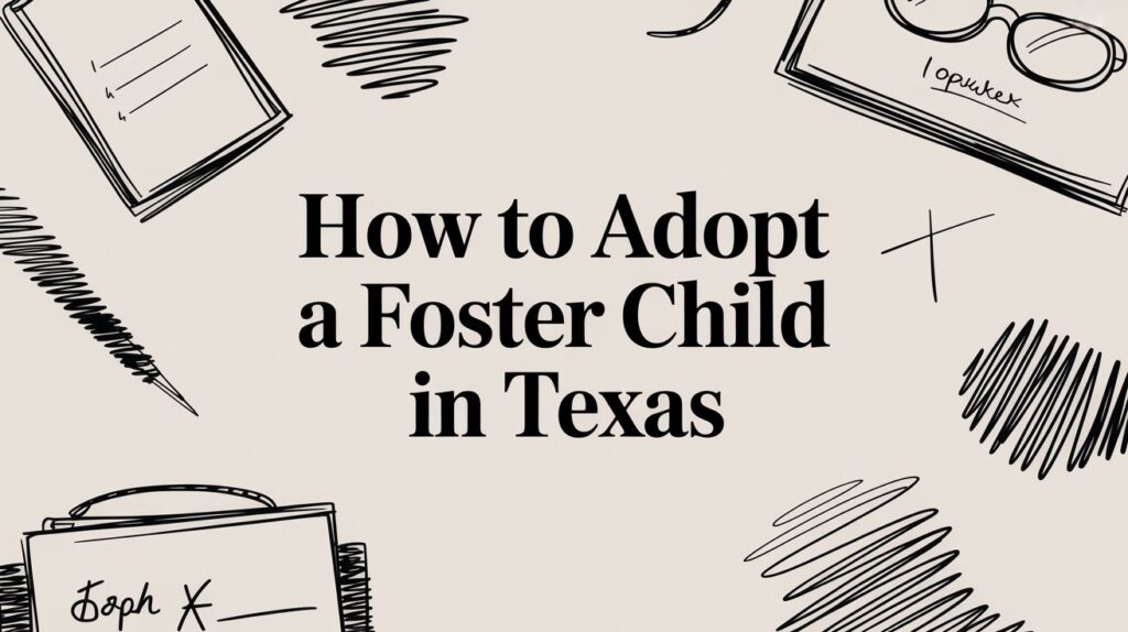 How to adopt a foster child in Texas text with sketches of notebooks and glasses, symbolizing the adoption process and resources for adoptive parents.