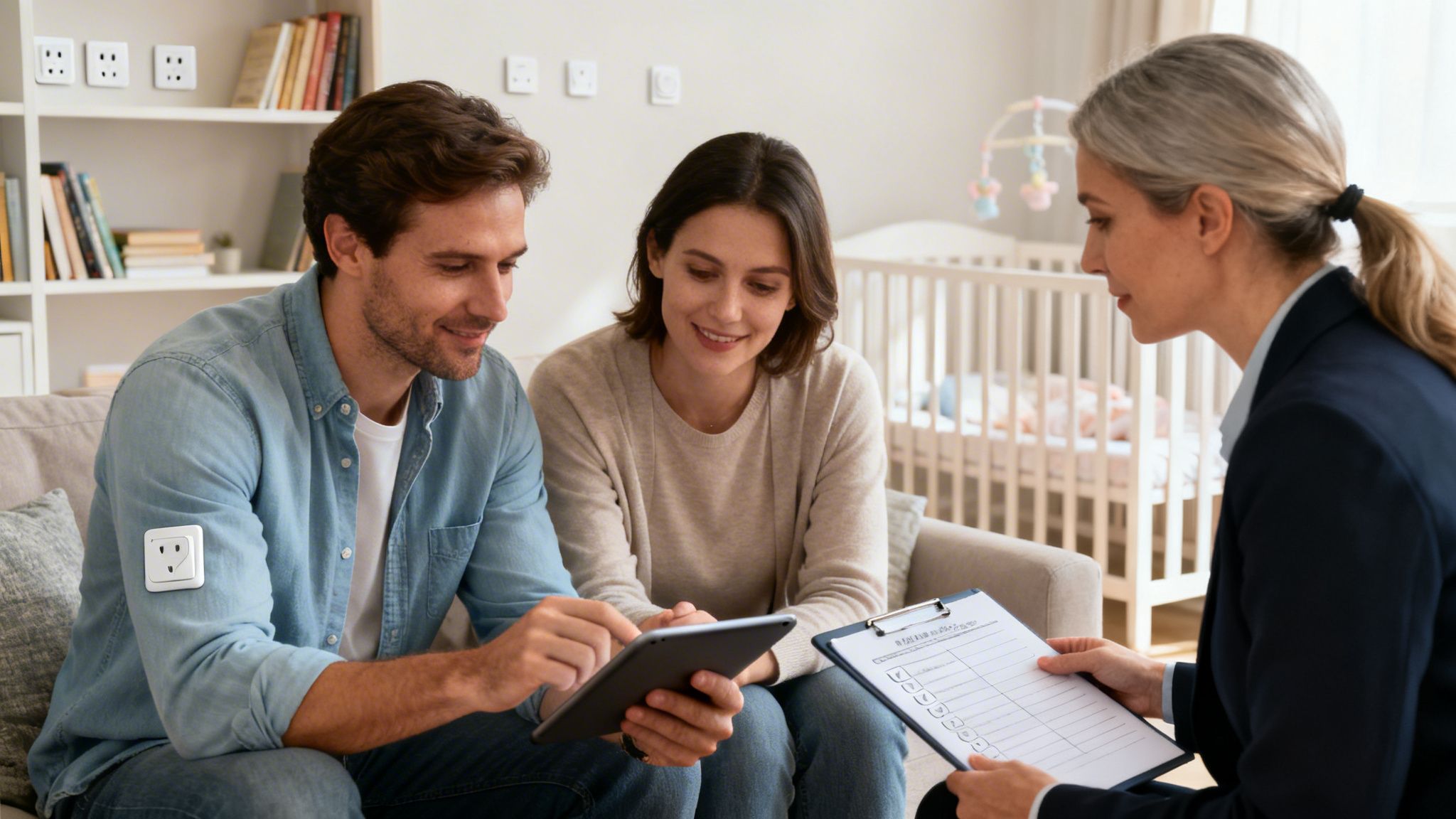 A smiling couple consults with a female advisor in a living room with a baby crib visible.