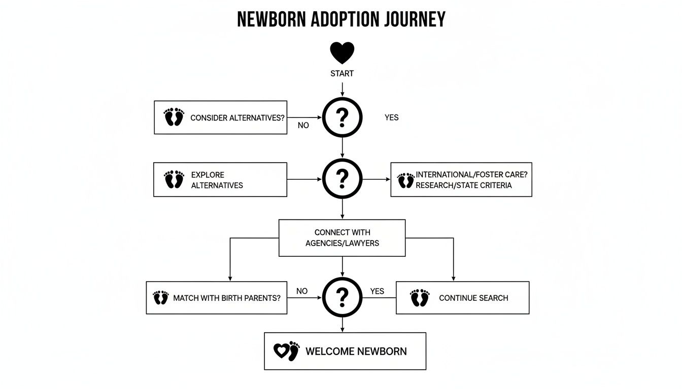 A flowchart detailing the newborn adoption journey, from initial consideration to welcoming a newborn.