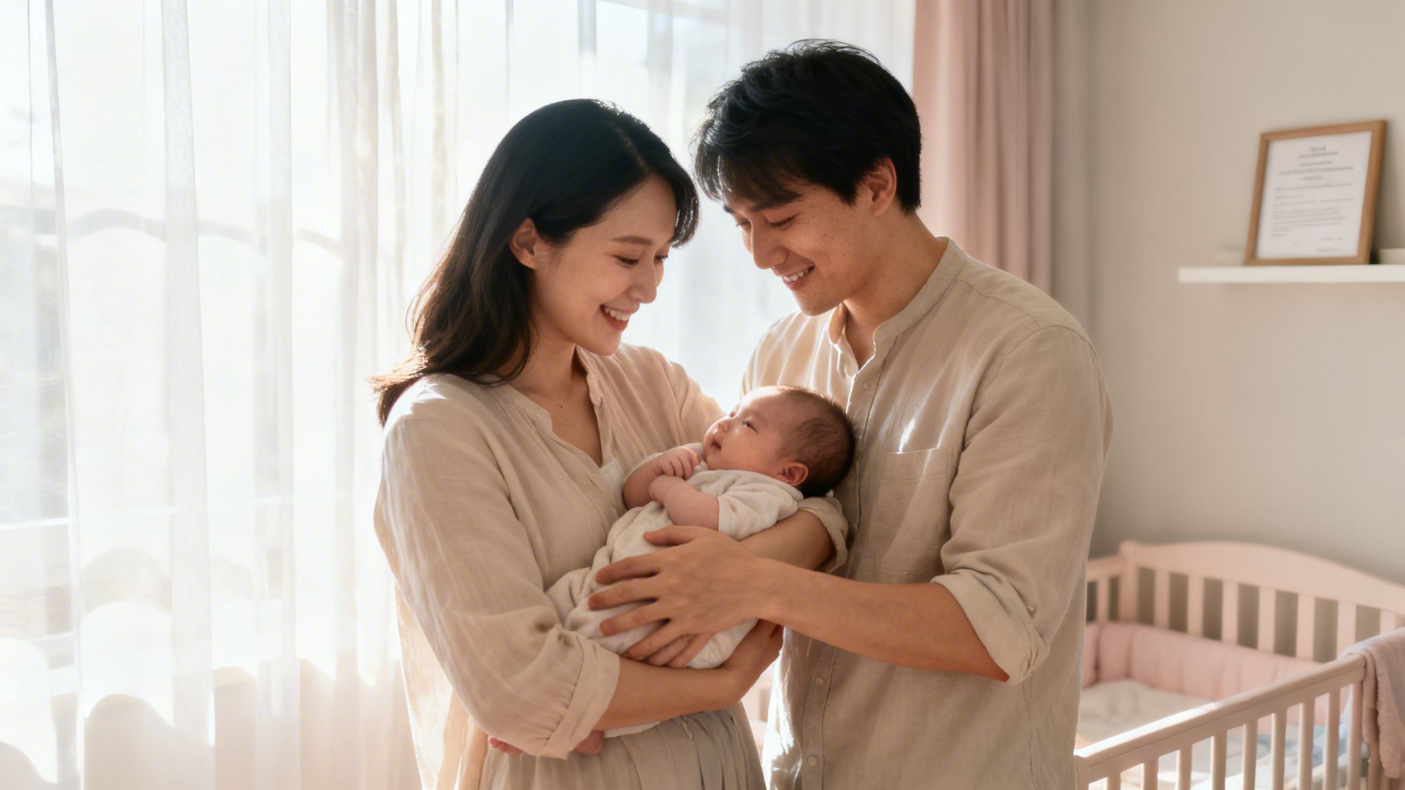 Happy Asian parents lovingly hold their newborn baby, smiling warmly in a bright room.