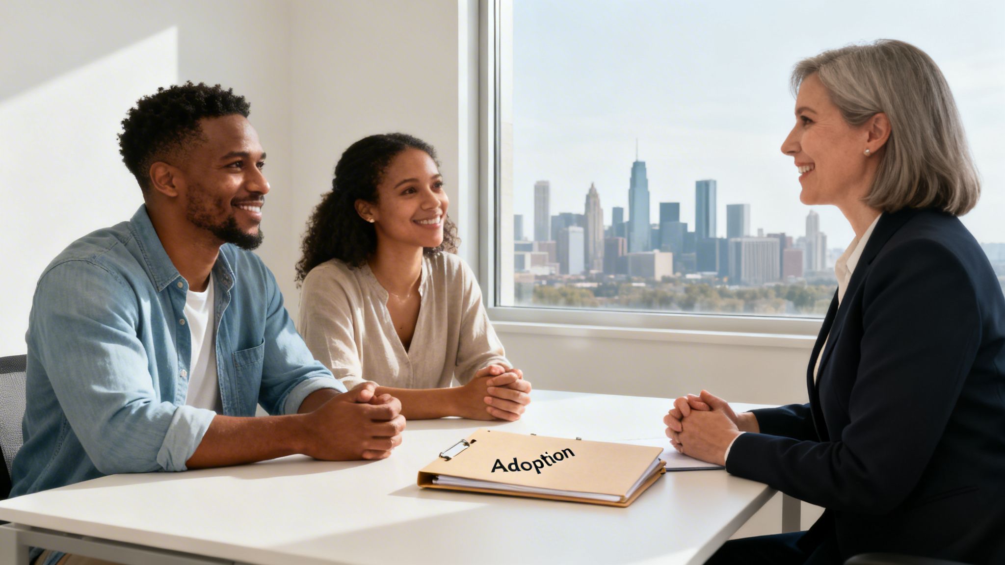 A happy diverse couple smiles while meeting with an adoption agency professional at a table.